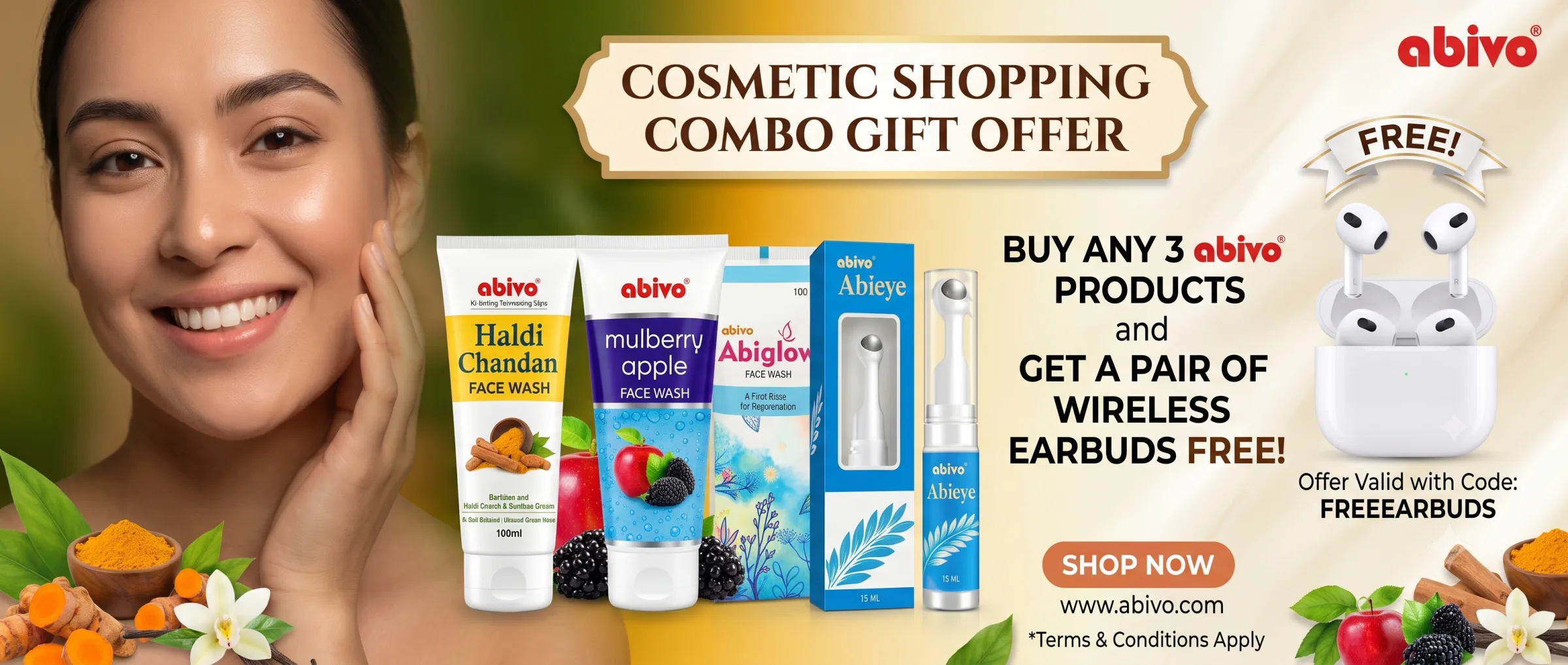 Cosmetic shopping combo gift offer: buy any 3 Abivo products and get a pair of wireless earbuds free with code FREEEARBUDS